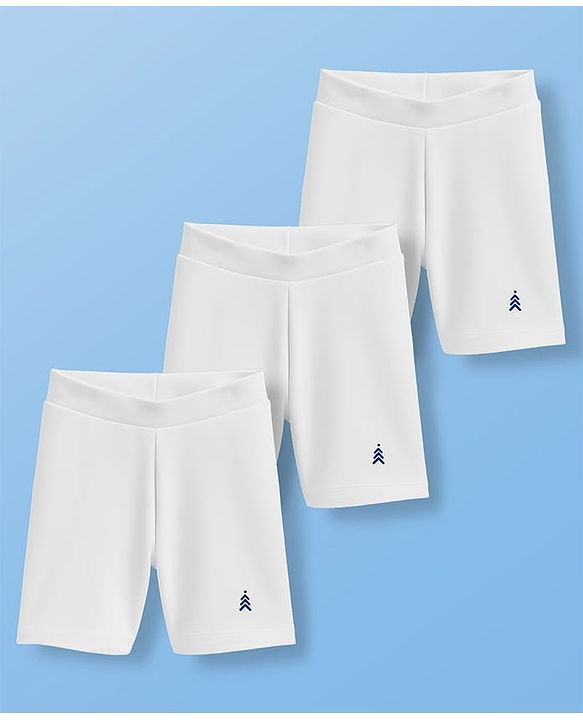 Pine Kids Cotton Lycra Solid Colour Cycling Short With Logo Print Pack Of 3 - White