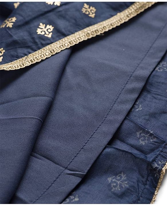 Pine Kids Woven Sleeveless Choli Lehenga Set with Dupatta Sequin Detailing & Floral Glitter Print - Navy Blue