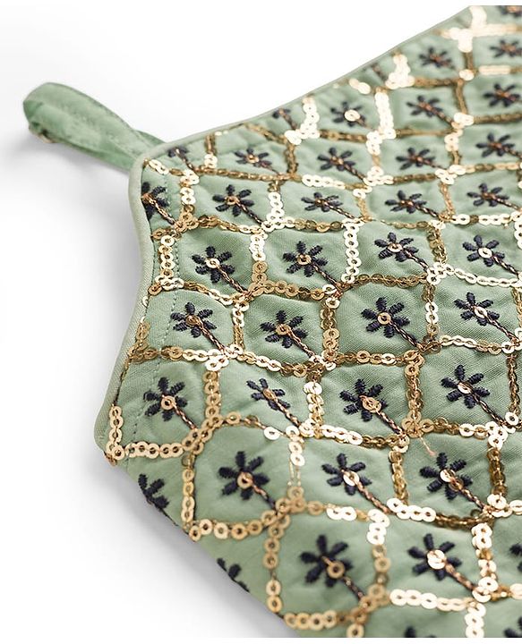 Pine Kids Woven Sleeveless Choli Lehenga Set with Dupatta Sequin Detailing & Floral Glitter Print - Navy Blue