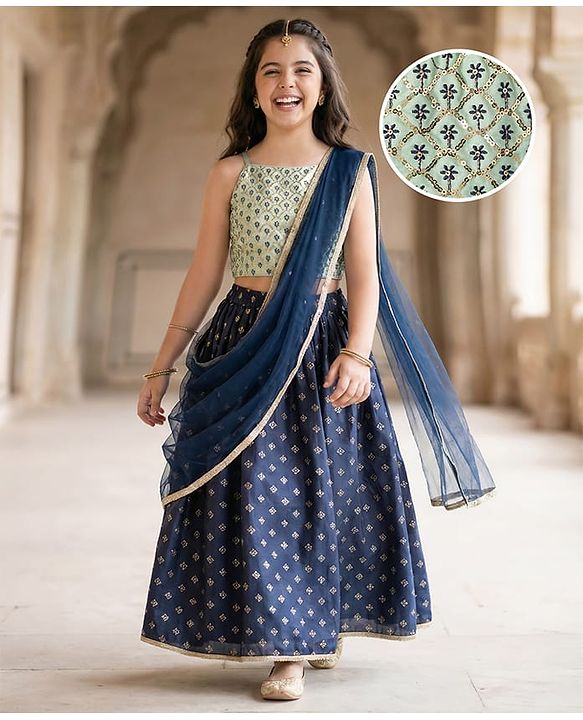 Pine Kids Woven Sleeveless Choli Lehenga Set with Dupatta Sequin Detailing & Floral Glitter Print - Navy Blue
