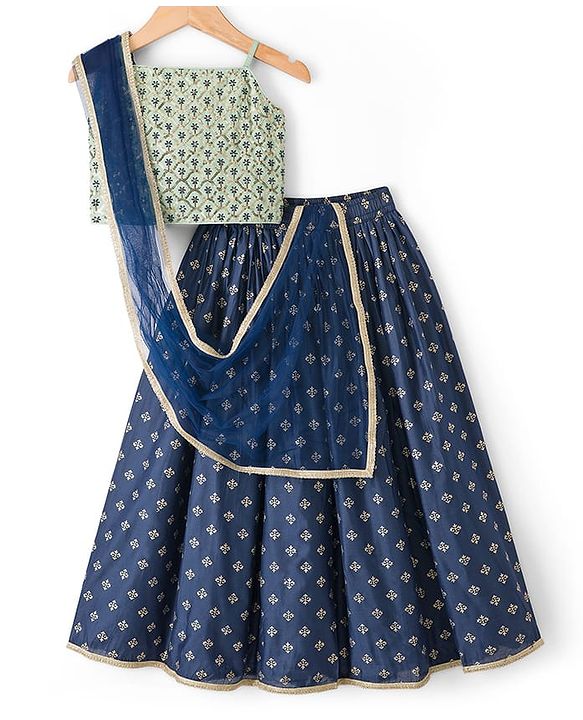 Pine Kids Woven Sleeveless Choli Lehenga Set with Dupatta Sequin Detailing & Floral Glitter Print - Navy Blue