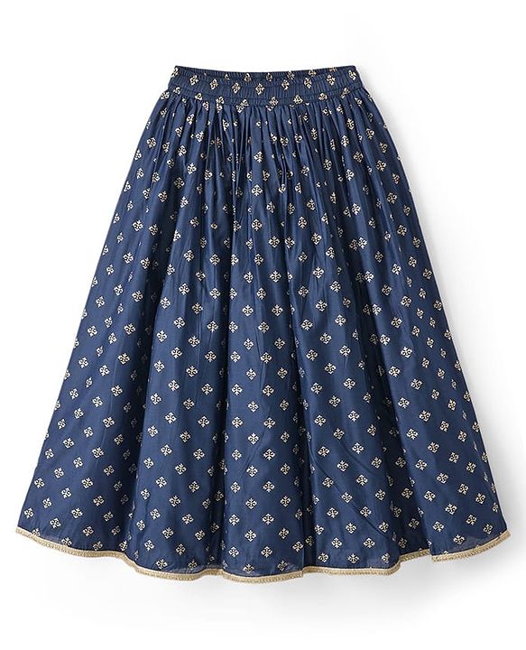 Pine Kids Woven Sleeveless Choli Lehenga Set with Dupatta Sequin Detailing & Floral Glitter Print - Navy Blue