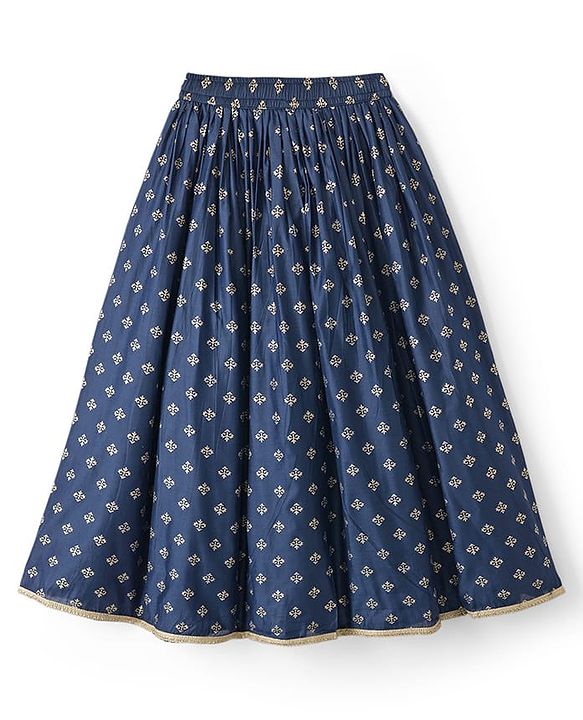 Pine Kids Woven Sleeveless Choli Lehenga Set with Dupatta Sequin Detailing & Floral Glitter Print - Navy Blue