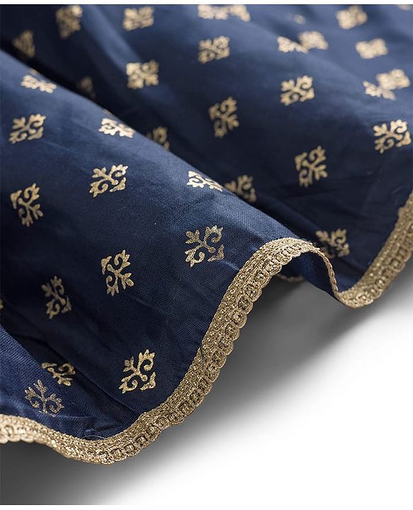 Pine Kids Woven Sleeveless Choli Lehenga Set with Dupatta Sequin Detailing & Floral Glitter Print - Navy Blue
