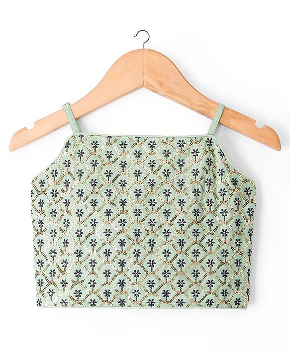Pine Kids Woven Sleeveless Choli Lehenga Set with Dupatta Sequin Detailing & Floral Glitter Print - Navy Blue