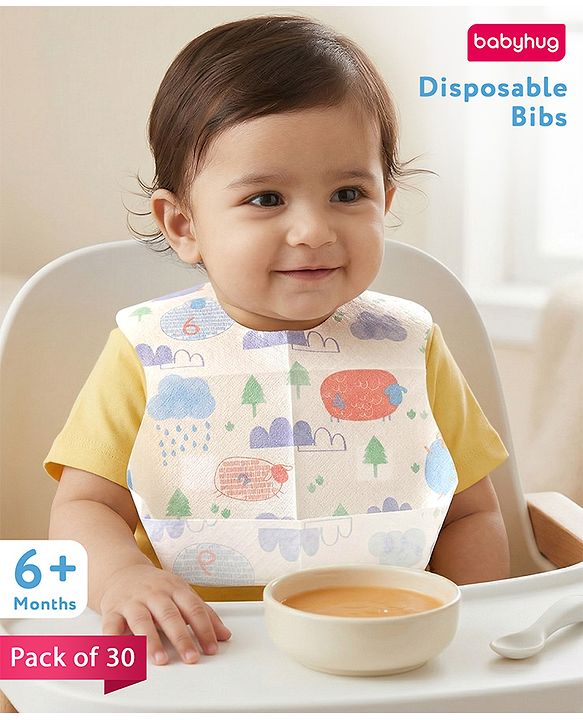 Babyhug Triple Layer Disposable Feeding Bibs Pack of 30| Waterproof| Crumb Catcher Pocket| Travel Friendly| Hygienic & Easy to Wear| Single Use Bibs for 6+ Months Babies