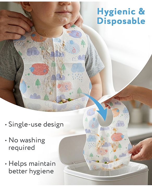 Babyhug Triple Layer Disposable Feeding Bibs Pack of 30| Waterproof| Crumb Catcher Pocket| Travel Friendly| Hygienic & Easy to Wear| Single Use Bibs for 6+ Months Babies
