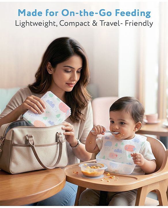 Babyhug Triple Layer Disposable Feeding Bibs Pack of 30| Waterproof| Crumb Catcher Pocket| Travel Friendly| Hygienic & Easy to Wear| Single Use Bibs for 6+ Months Babies
