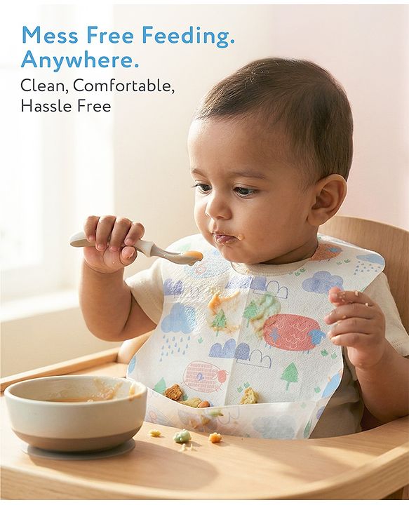 Babyhug Triple Layer Disposable Feeding Bibs Pack of 30| Waterproof| Crumb Catcher Pocket| Travel Friendly| Hygienic & Easy to Wear| Single Use Bibs for 6+ Months Babies