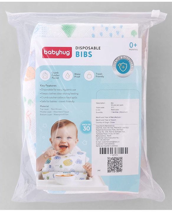Babyhug Triple Layer Disposable Feeding Bibs Pack of 30| Waterproof| Crumb Catcher Pocket| Travel Friendly| Hygienic & Easy to Wear| Single Use Bibs for 6+ Months Babies