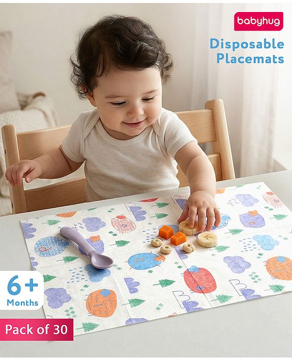 Babyhug Triple Layer Disposable Feeding Bibs Pack of 30| Waterproof| Crumb Catcher Pocket| Travel Friendly| Hygienic & Easy to Wear| Single Use Bibs for 6+ Months Babies