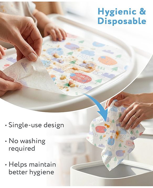 Babyhug Triple Layer Disposable Feeding Bibs Pack of 30| Waterproof| Crumb Catcher Pocket| Travel Friendly| Hygienic & Easy to Wear| Single Use Bibs for 6+ Months Babies