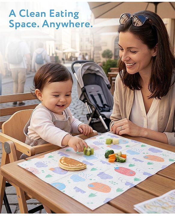 Babyhug Triple Layer Disposable Feeding Bibs Pack of 30| Waterproof| Crumb Catcher Pocket| Travel Friendly| Hygienic & Easy to Wear| Single Use Bibs for 6+ Months Babies