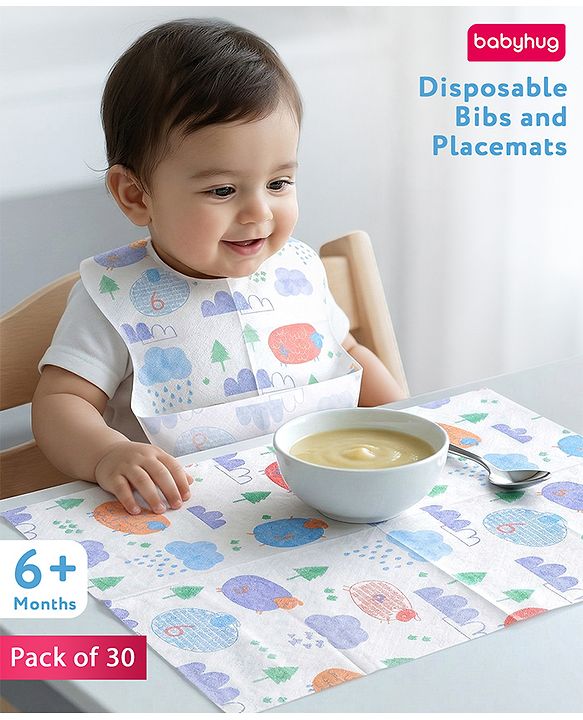 Babyhug Triple Layer Disposable Feeding Bibs Pack of 30| Waterproof| Crumb Catcher Pocket| Travel Friendly| Hygienic & Easy to Wear| Single Use Bibs for 6+ Months Babies