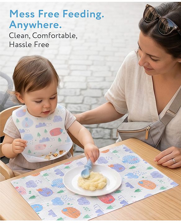 Babyhug Triple Layer Disposable Feeding Bibs Pack of 30| Waterproof| Crumb Catcher Pocket| Travel Friendly| Hygienic & Easy to Wear| Single Use Bibs for 6+ Months Babies