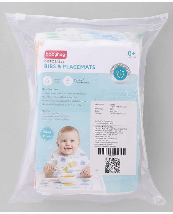 Babyhug Triple Layer Disposable Feeding Bibs Pack of 30| Waterproof| Crumb Catcher Pocket| Travel Friendly| Hygienic & Easy to Wear| Single Use Bibs for 6+ Months Babies