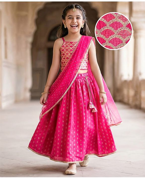 Pine Kids Woven Sleeveless Choli Lehenga Set with Dupatta Embroidery & Foil Print - Pink