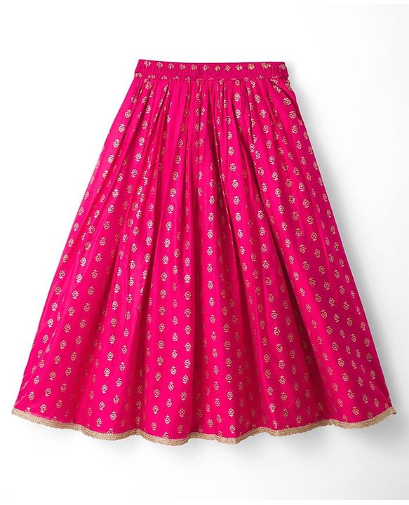 Pine Kids Woven Sleeveless Choli Lehenga Set with Dupatta Embroidery & Foil Print - Pink