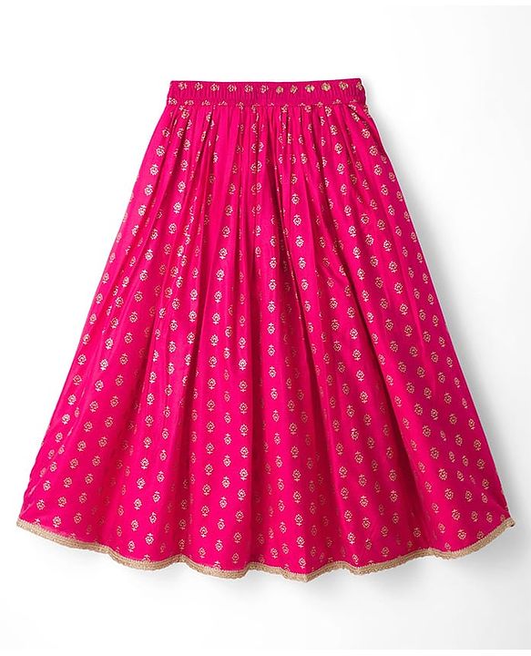 Pine Kids Woven Sleeveless Choli Lehenga Set with Dupatta Embroidery & Foil Print - Pink