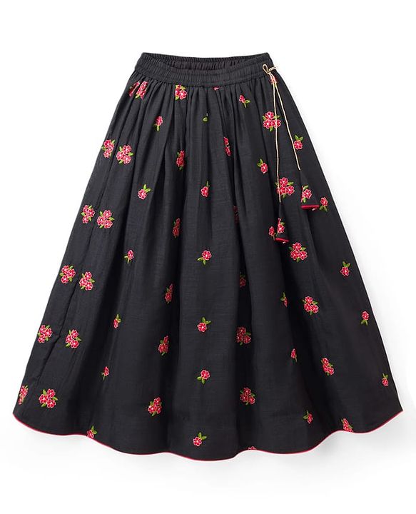 Pine Kids Woven Sleeveless Choli Lehenga Set with Floral Embroidery - Black