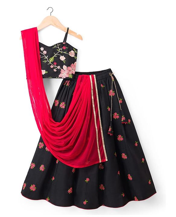 Pine Kids Woven Sleeveless Choli Lehenga Set with Floral Embroidery - Black