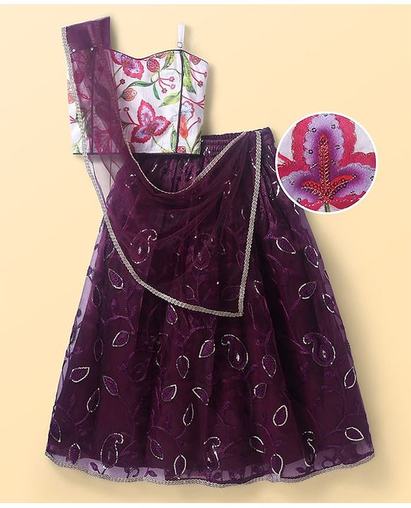 Pine Kids Woven Sleeveless Choli Lehenga Set with Dupatta Sequin Detailing & Floral Print - Purple