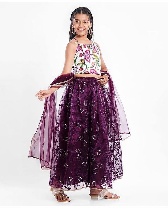 Pine Kids Woven Sleeveless Choli Lehenga Set with Dupatta Sequin Detailing & Floral Print - Purple