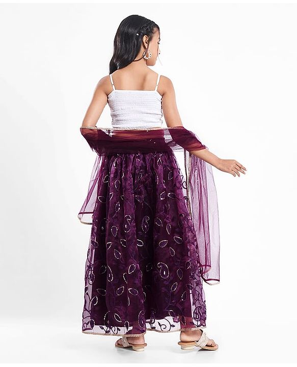 Pine Kids Woven Sleeveless Choli Lehenga Set with Dupatta Sequin Detailing & Floral Print - Purple