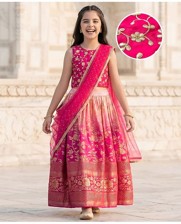 Pine Kids Woven Sleeveless Floral Embroidered Choli Lehenga Set with Dupatta - Dark Pink