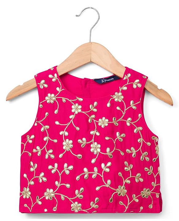 Pine Kids Woven Sleeveless Floral Embroidered Choli Lehenga Set with Dupatta - Dark Pink