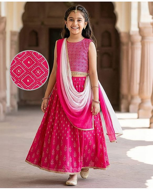 Pine Kids Woven Sleeveless Choli Lehenga Set with Dupatta Glitter Print - Pink