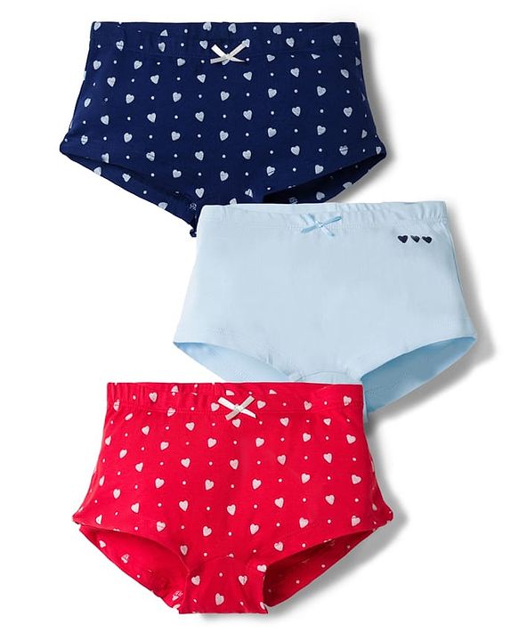 Pine Kids Cotton Elastane Knit Hearts & Polka Dots Printed Panties With Bow Applique Pack Of 3 ( Colour May Vary )