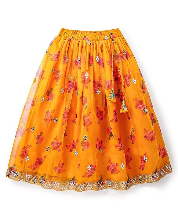 Pine Kids Woven Sleeveless Choli Lehenga & Dupatta Set With Floral Print & Sequin Embroidery - Yellow