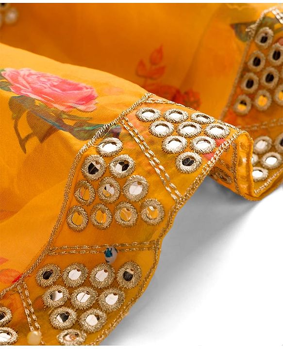 Pine Kids Woven Sleeveless Choli Lehenga & Dupatta Set With Floral Print & Sequin Embroidery - Yellow