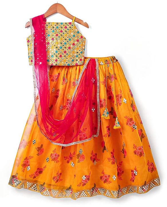 Pine Kids Woven Sleeveless Choli Lehenga & Dupatta Set With Floral Print & Sequin Embroidery - Yellow