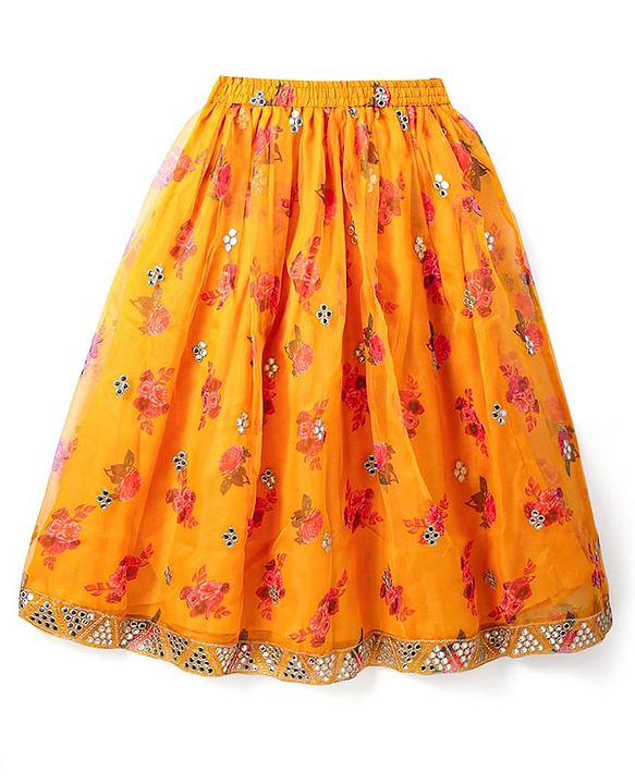 Pine Kids Woven Sleeveless Choli Lehenga & Dupatta Set With Floral Print & Sequin Embroidery - Yellow