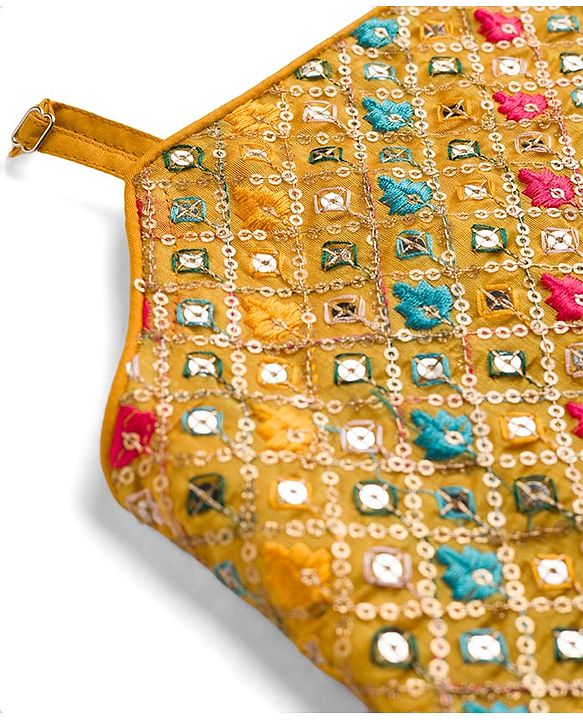Pine Kids Woven Sleeveless Choli Lehenga & Dupatta Set With Floral Print & Sequin Embroidery - Yellow