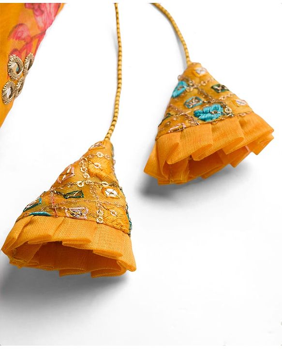Pine Kids Woven Sleeveless Choli Lehenga & Dupatta Set With Floral Print & Sequin Embroidery - Yellow
