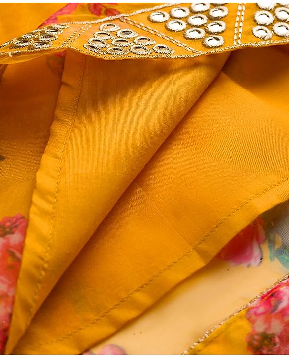 Pine Kids Woven Sleeveless Choli Lehenga & Dupatta Set With Floral Print & Sequin Embroidery - Yellow