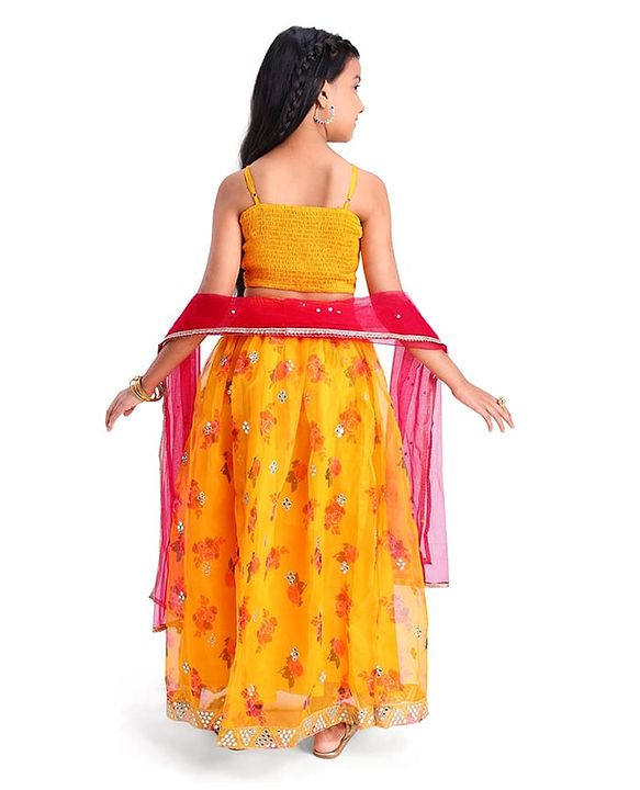 Pine Kids Woven Sleeveless Choli Lehenga & Dupatta Set With Floral Print & Sequin Embroidery - Yellow