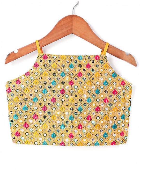 Pine Kids Woven Sleeveless Choli Lehenga & Dupatta Set With Floral Print & Sequin Embroidery - Yellow