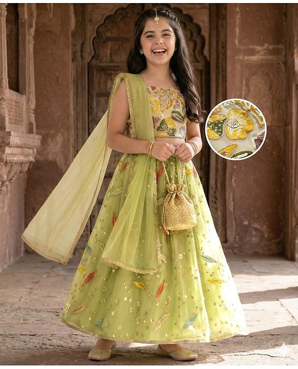 Pine Kids Woven Sleeveless Choli Lehenga Set With Dupatta & Sequin Floral Detailing - Olive Green