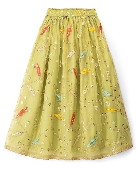 Pine Kids Woven Sleeveless Choli Lehenga Set With Dupatta & Sequin Floral Detailing - Olive Green