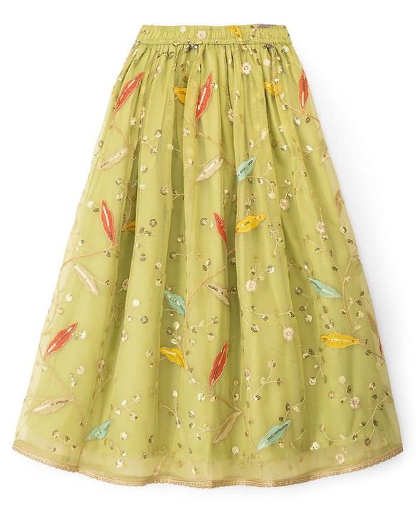 Pine Kids Woven Sleeveless Choli Lehenga Set With Dupatta & Sequin Floral Detailing - Olive Green