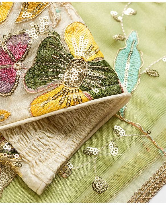 Pine Kids Woven Sleeveless Choli Lehenga Set With Dupatta & Sequin Floral Detailing - Olive Green