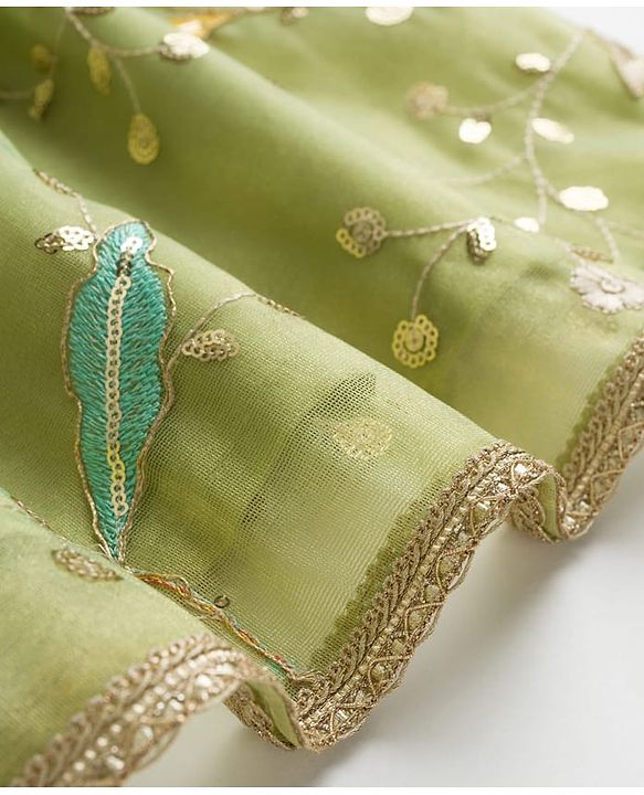 Pine Kids Woven Sleeveless Choli Lehenga Set With Dupatta & Sequin Floral Detailing - Olive Green