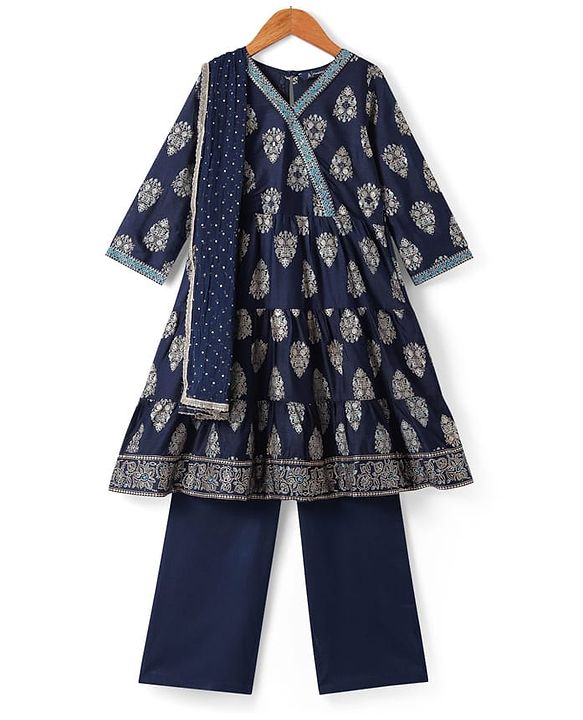 Pine Kids Viscose Woven Full Sleeves Kurta Salwar & Dupatta Set With Floral Foil Print - Navy Blue