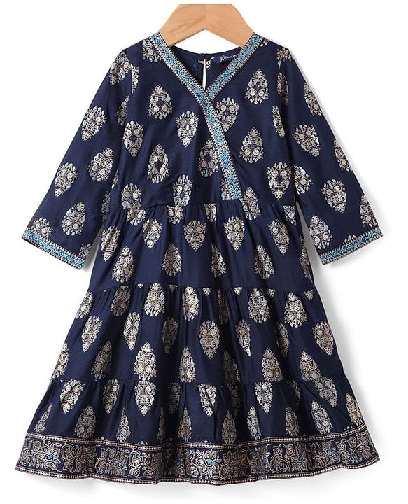 Pine Kids Viscose Woven Full Sleeves Kurta Salwar & Dupatta Set With Floral Foil Print - Navy Blue