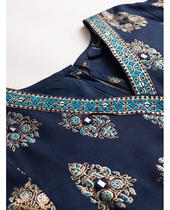 Pine Kids Viscose Woven Full Sleeves Kurta Salwar & Dupatta Set With Floral Foil Print - Navy Blue