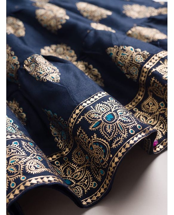 Pine Kids Viscose Woven Full Sleeves Kurta Salwar & Dupatta Set With Floral Foil Print - Navy Blue